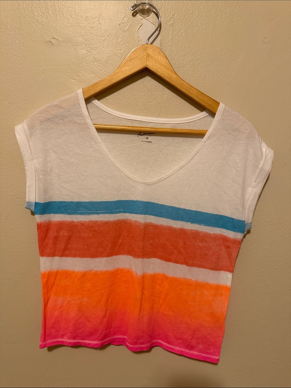 Arizona Jean Company White V-Neck Tee with Blue, Coral, Orange & Pink Stripes